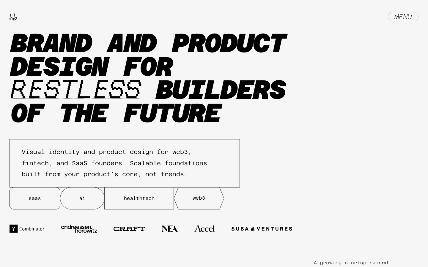 heartbeat studio homepage showing senior-only brand identity work for AI and tech startups