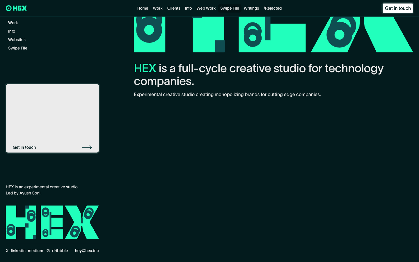 Hex studio homepage showing experimental brand work for technology companies