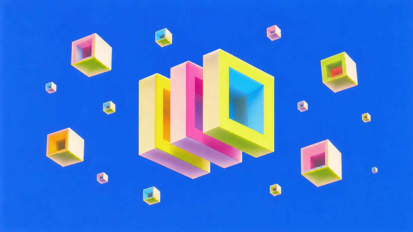 Aligned colorful hollow frames forming a coherent structure on a blue background