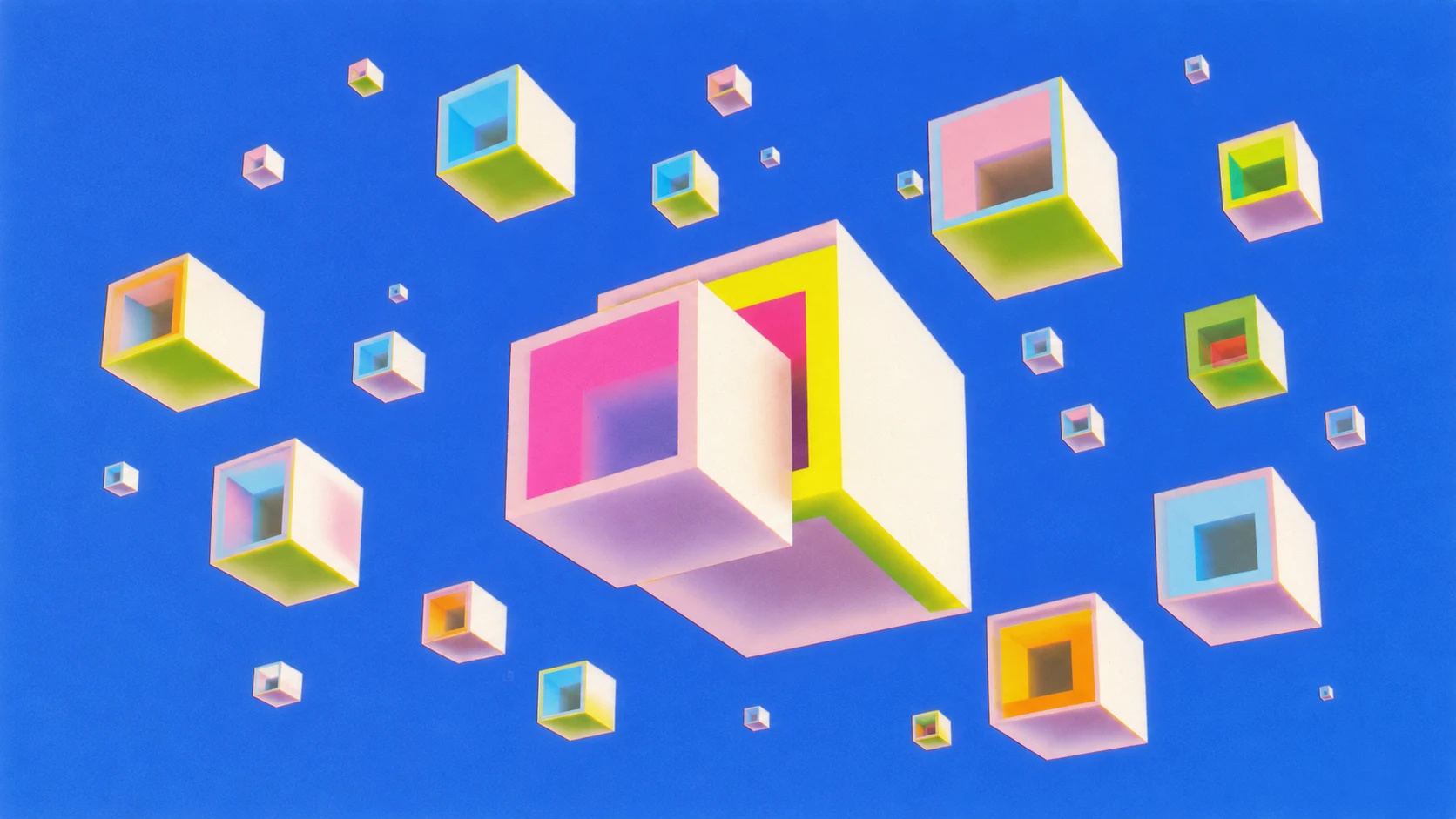 Nested geometric forms expanding beyond their original frame